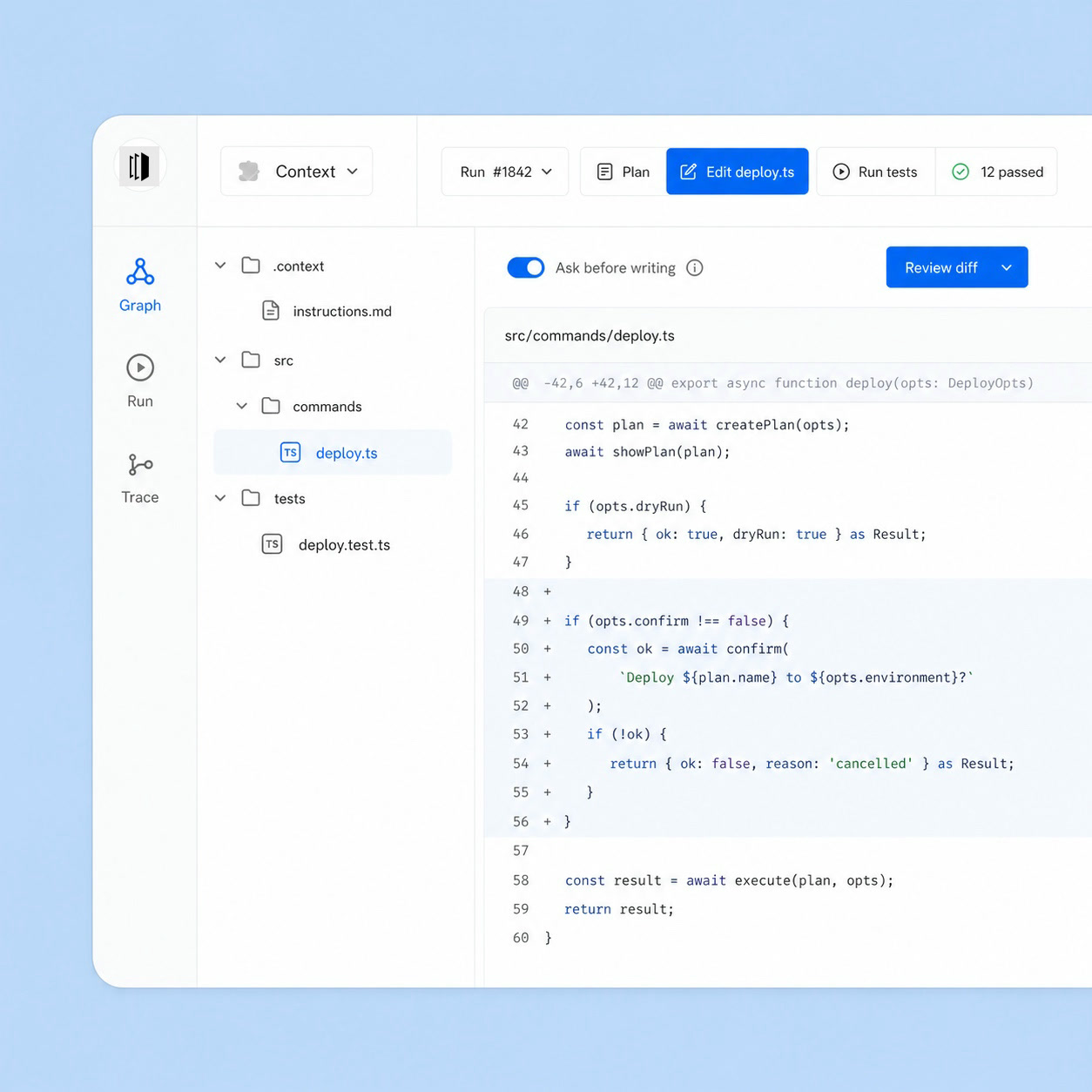 Context CLI adding tests inside a code editor