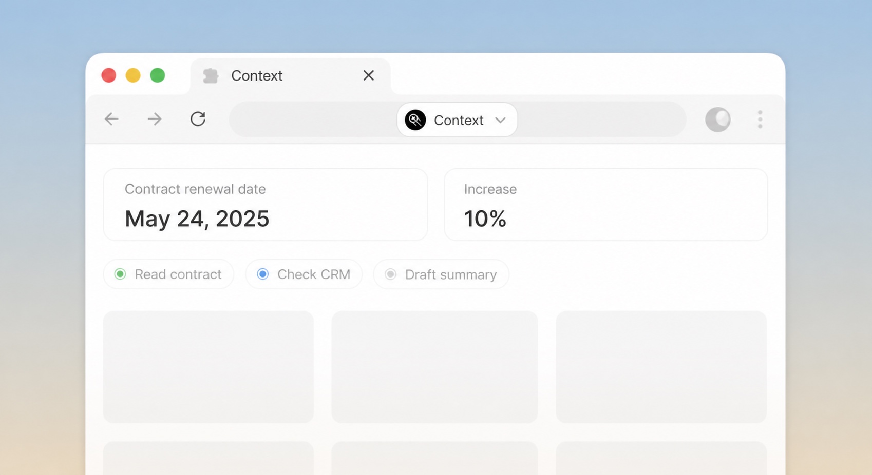 Context Desktop reviewing renewal terms across a contract and CRM
