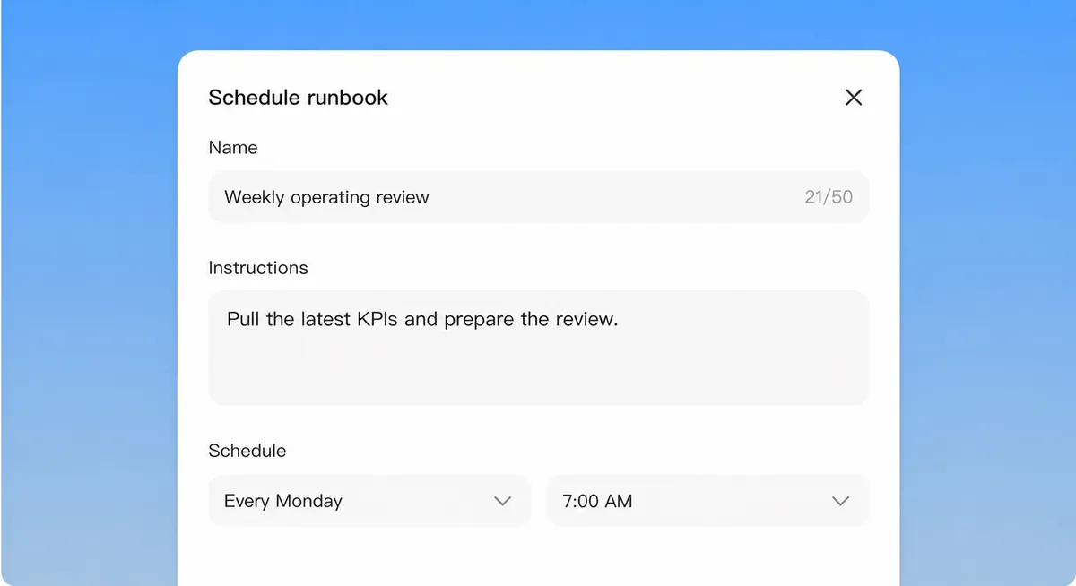 Scheduling a runbook in the Context workspace