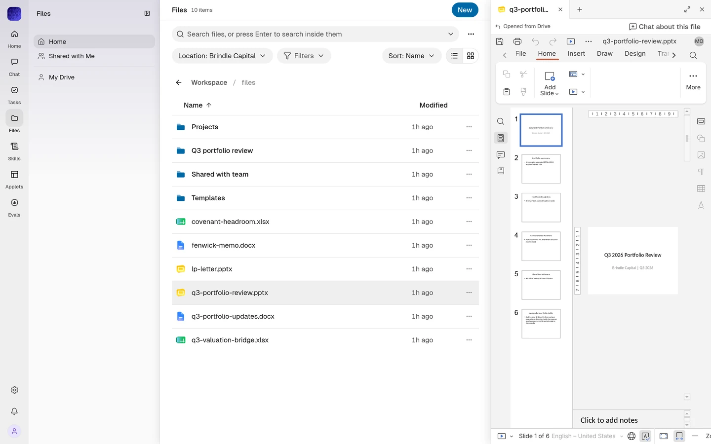 Context Drive with q3-portfolio-review.pptx open in the built-in presentation editor beside the file list