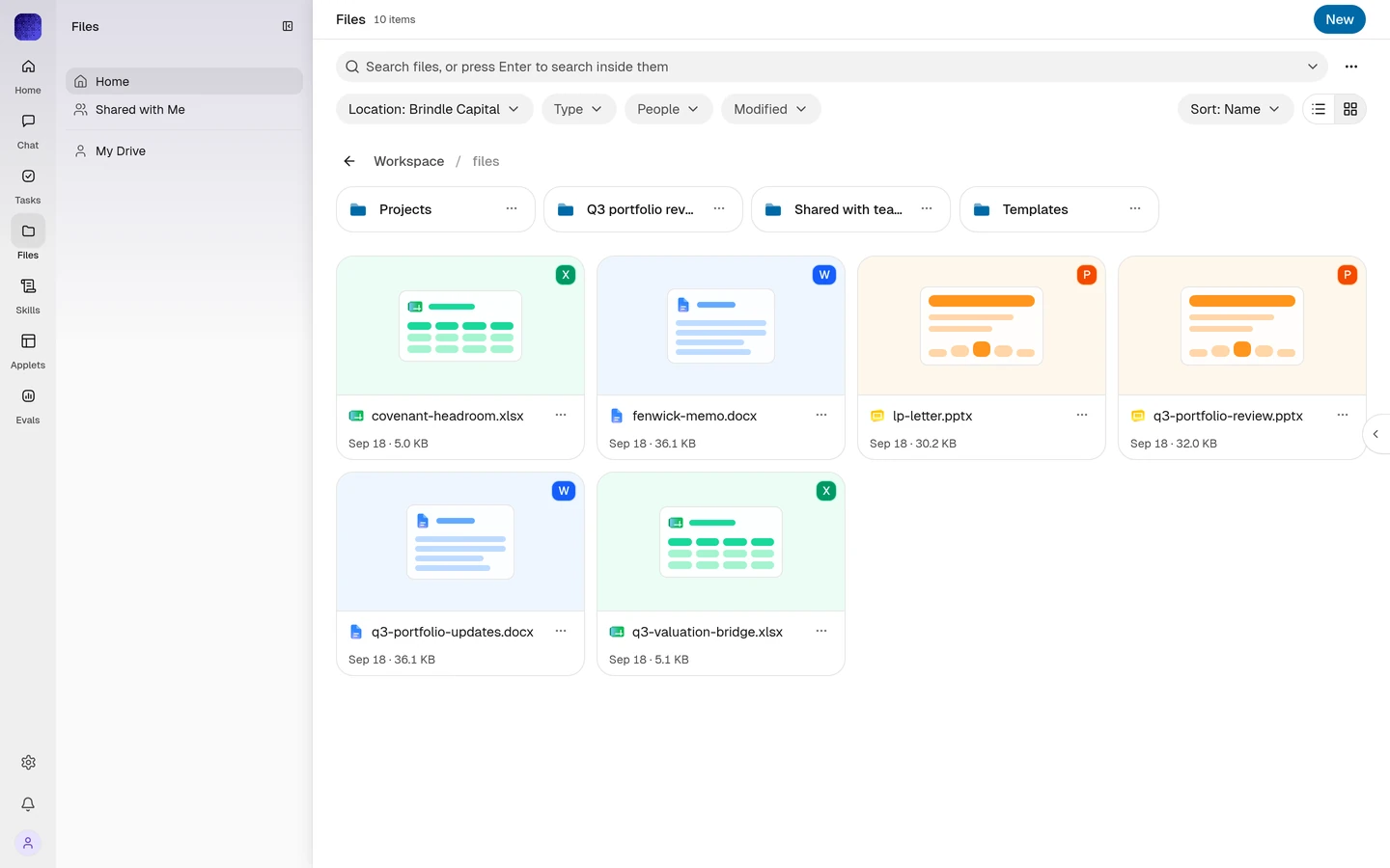 Context Drive: the Files view of a workspace with folders and the quarter's documents, sheets and decks