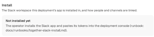 Org settings, Slack: the install card, not installed yet, pointing at the runbook.