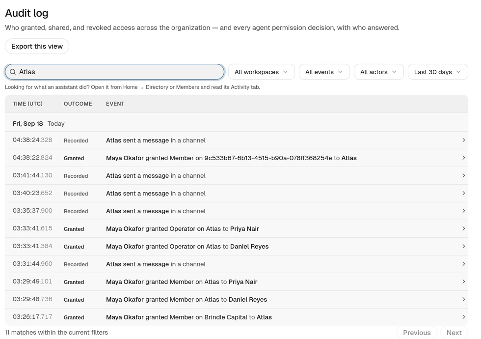 The organization audit log: grants of the agent to people, every message the agent sent, and the workspace, event and actor filters