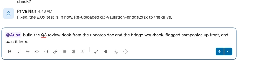 The channel composer with an agent mentioned and a request typed