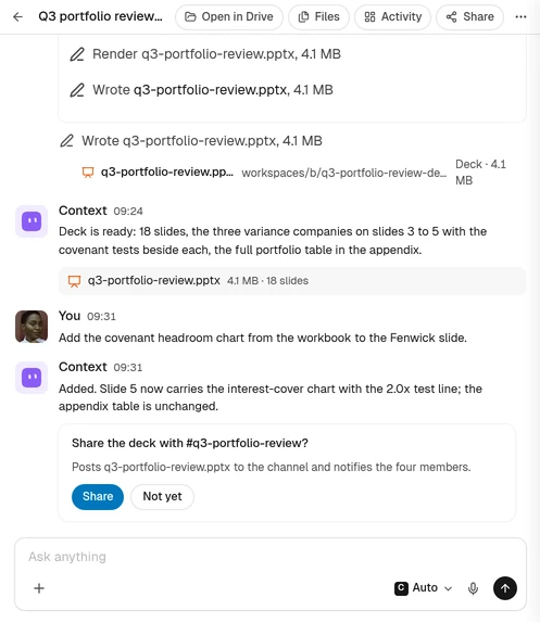 The task thread with the agent's approval message: the action stated, Share and Not yet