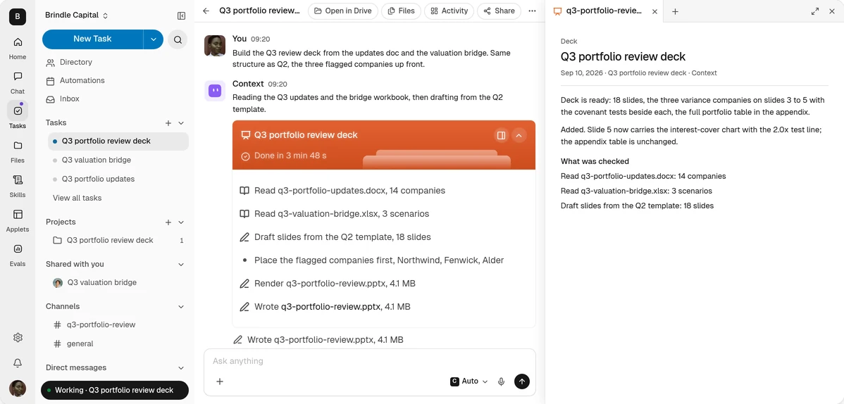 Context: the task view with the channels on the left, the task card that wrote the deck, and the deck open in Drive on the right