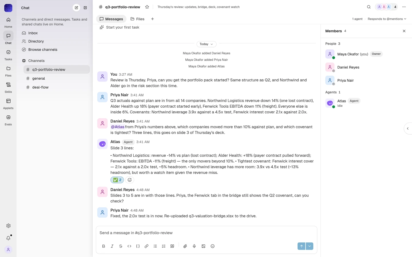 The channel with the agent's answer in the thread, a reaction from the team, and the conversation continuing